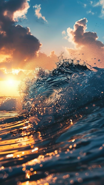 A majestic ocean wave with the sun setting in the background casting vibrant colors and light