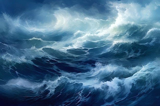 Majestic Ocean Waves of Dominant Blue Color Stormy Seascape Dramatic Marine Themes AI Generated