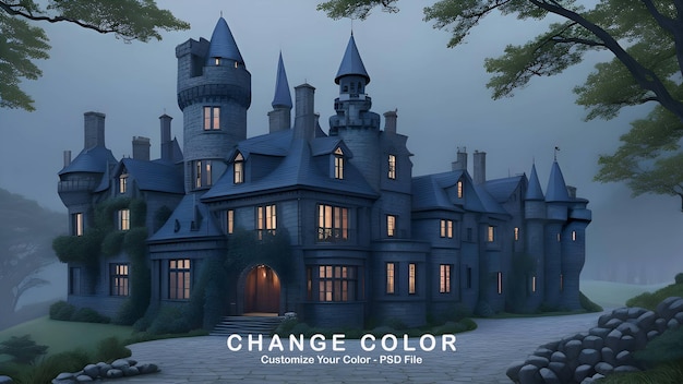 A majestic oldfashioned castle mansion its walls a deep dark blue standing atop a rocky hill