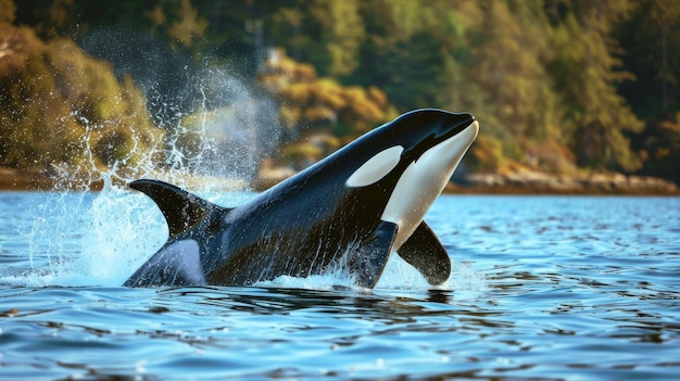 A majestic orca breaches the water displaying its impressive form against a backdrop of a lush forested coastline