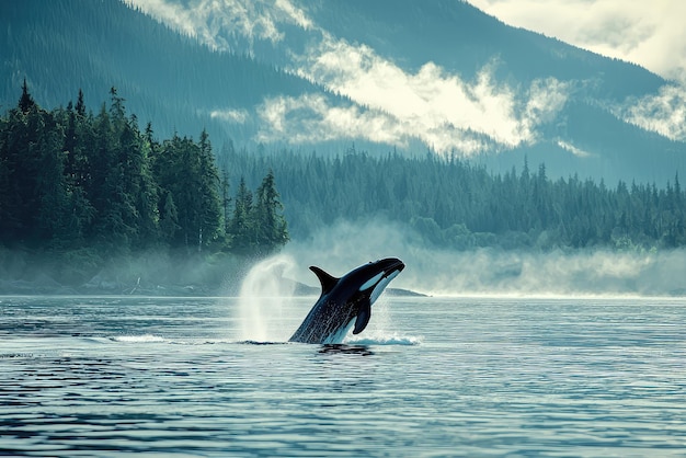 Photo a majestic orca leaps through the mist a moment of wild grace against a mountainous backdrop