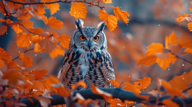 Majestic Owl Perched Among Autumn Leaves