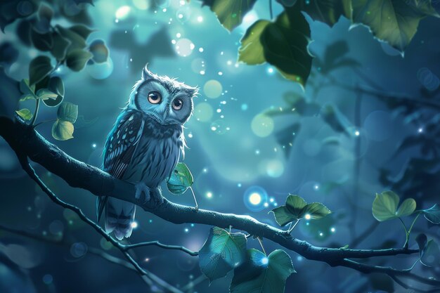 Photo majestic owl perched on a branch amidst enchanted forest light