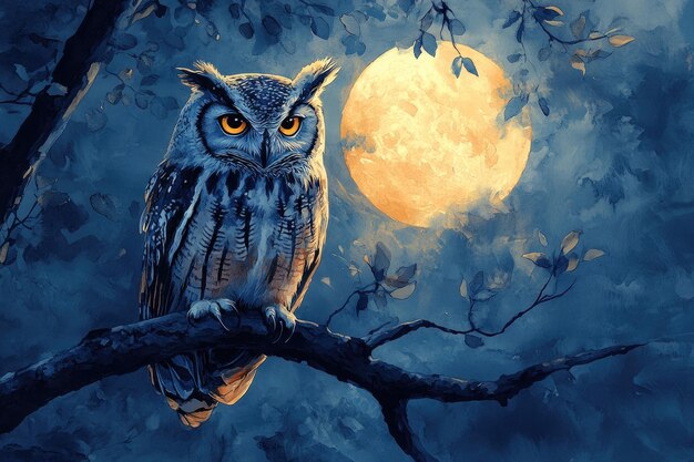 Photo a majestic owl perched on a branch under a full moon