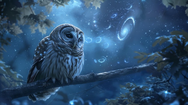 Majestic Owl Perched on Branch with Stunning Cosmic Background and Galaxy Swirls