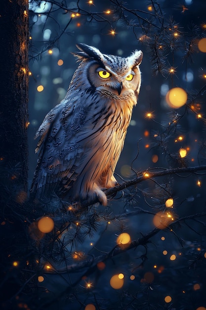 Majestic Owl Perched in a Forest of Fairy Lights