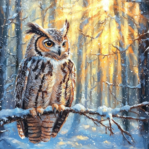 Majestic Owl in a Snowy Forest at Sunset