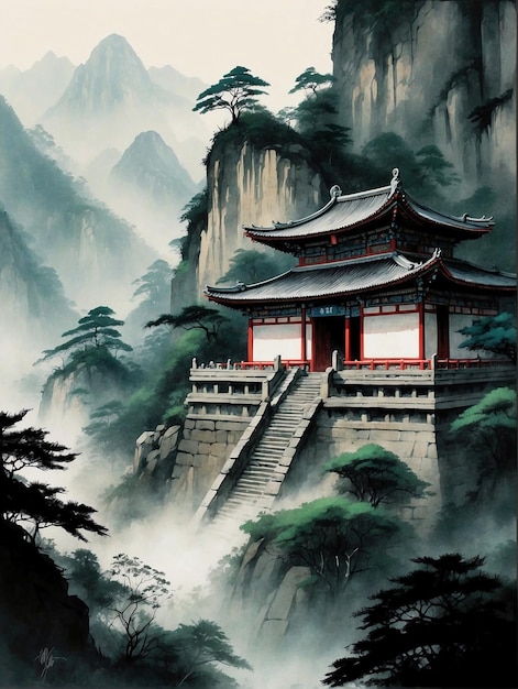 Majestic Pagoda and Bridge in the Foggy Mountains