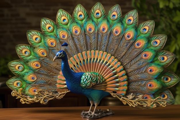 Majestic peacock displaying shimmering feathers in lush garden generative IA