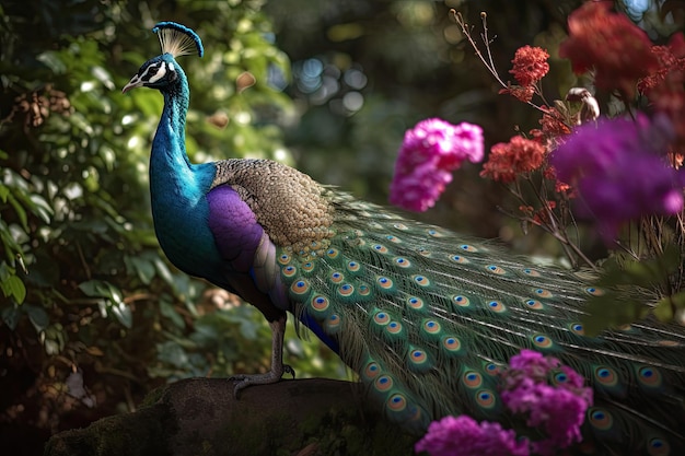 Majestic peacock displaying shimmering plumage in colorful garden generative IA