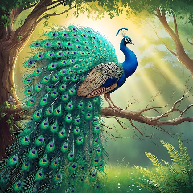 Majestic peacock displaying vibrant multi colored feathers outdoors Ai generated