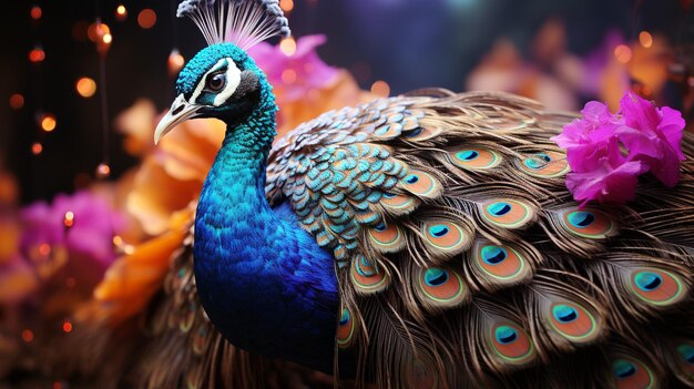 Majestic peacock displaying vibrant multi colored feathers