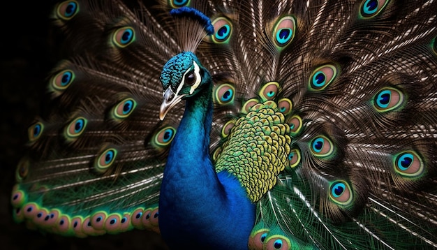 Majestic peacock displays vibrant multi colored feather pattern generated by AI