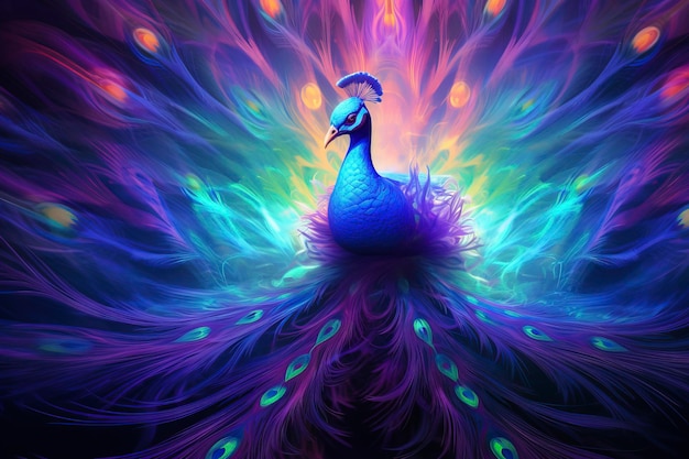 A majestic peacock dissolving into teal and violet fractal mist in Neo Impressionism style