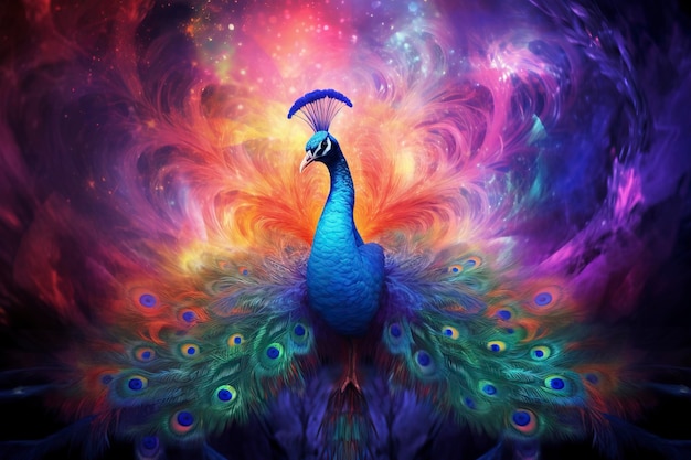 A majestic peacock dissolving into teal and violet fractal mist in Neo Impressionism style