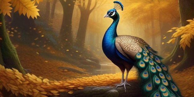 A majestic peacock gracefully stands amidst a lush woodland