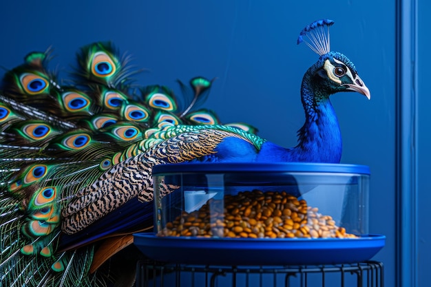 Photo majestic peacock showing off vibrant plumage against a blue background