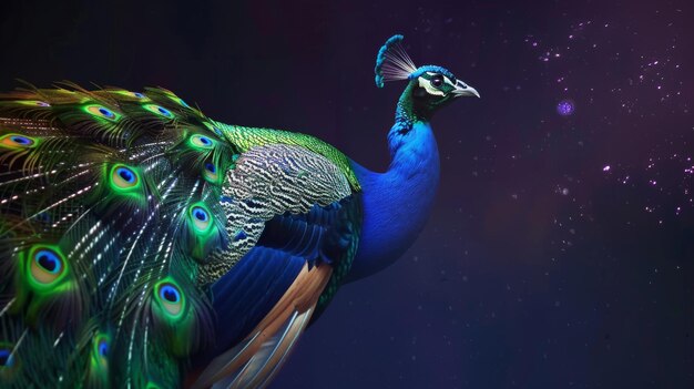 Photo a majestic peacock with vibrant iridescent feathers stands gracefully against a dark starry background