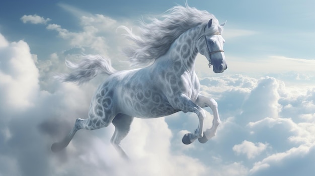 Majestic Pegasus horse flying high above the clouds Flight of the Pegasus