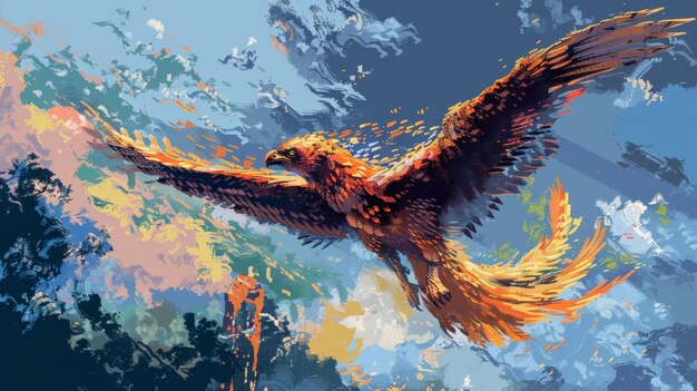 A majestic phoenix soars through the sky its fiery wings outstretched