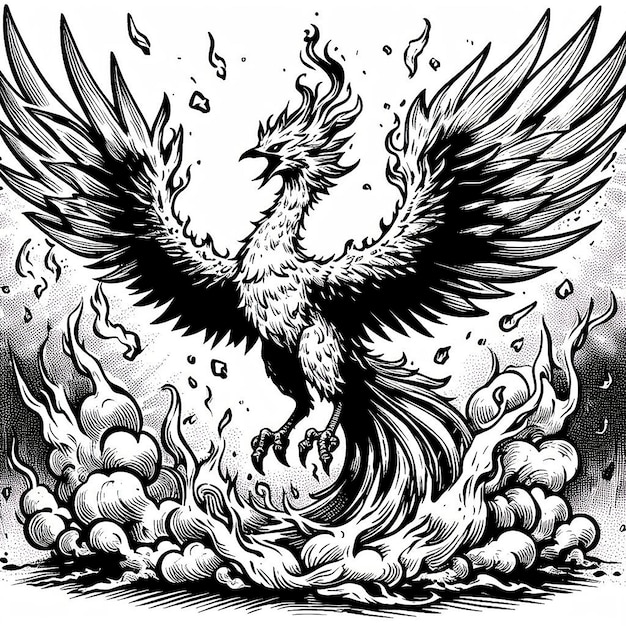 Majestic phoenix spreading its wings manga comic style