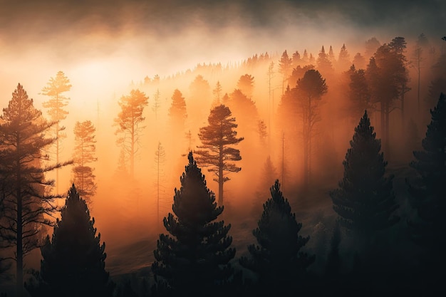 Majestic pine forest with misty morning fog and orange sunrise created with generative ai