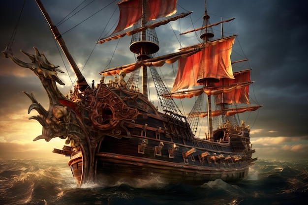 Majestic pirate ship sailing at sunset