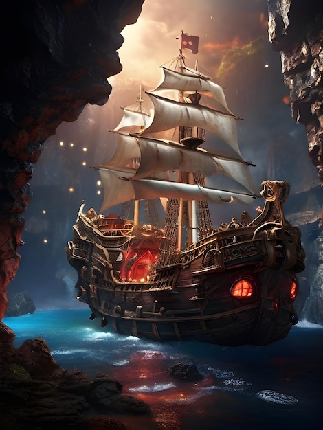 Photo majestic pirate ships sail over fiery red magma in mysterious caves