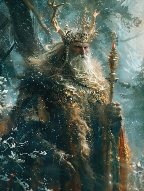 A majestic portrayal of a mythological king in a mystical settingClean Background