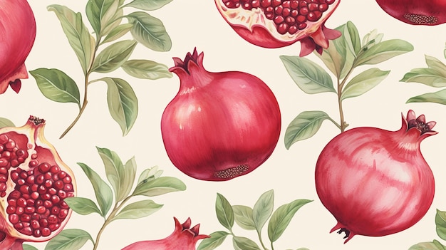 Photo majestic ports watercolor pomegranate seamless pattern in crimson and beige