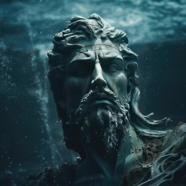 Photo the majestic power a greek statue sunken into the cold ocean depths