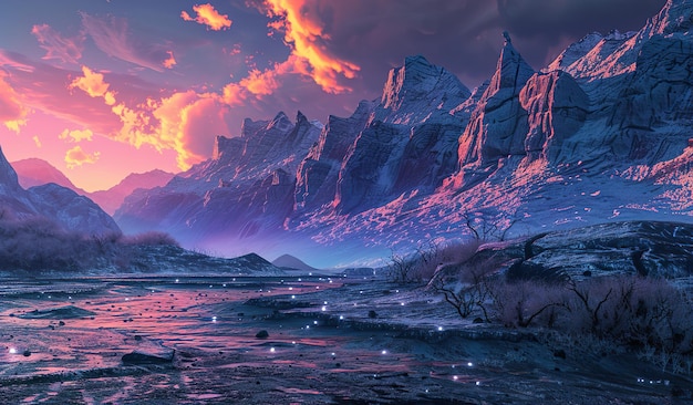 Majestic purple mountain landscape at fiery sunset