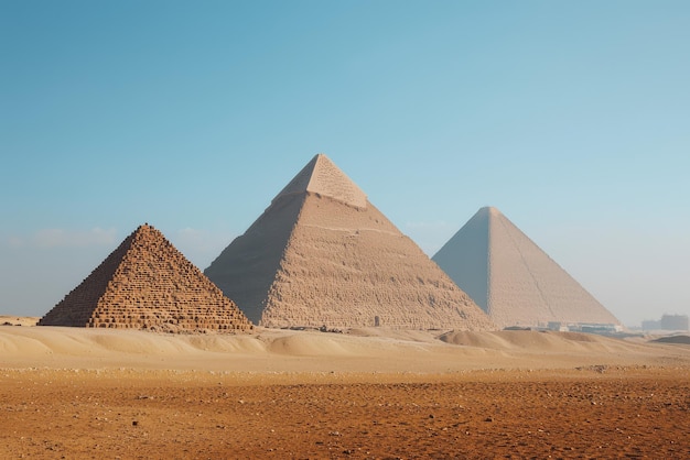 The majestic pyramids of Giza ancient wonders standing tall against the clear blue sky showcasing architectural brilliance and historical significance