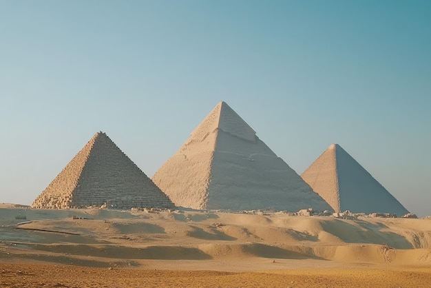 Majestic Pyramids of Giza standing tall against the clear blue sky a timeless symbol of ancient Egypts grandeur in the golden desert landscape