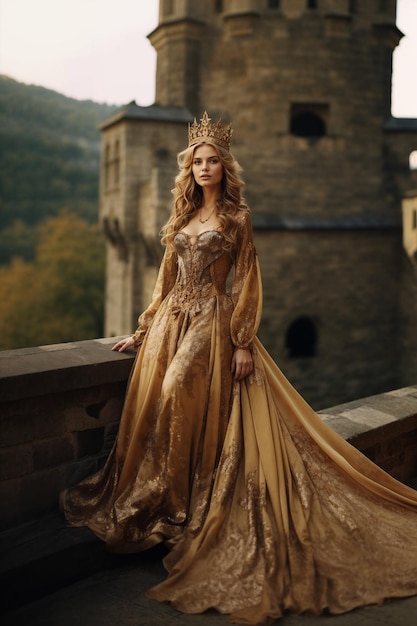 Majestic queen in golden medieval dress