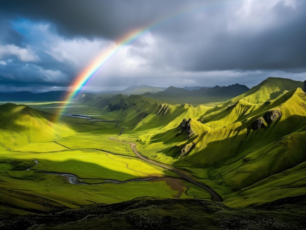 Photo majestic rainbow over vibrant icelandic landscape