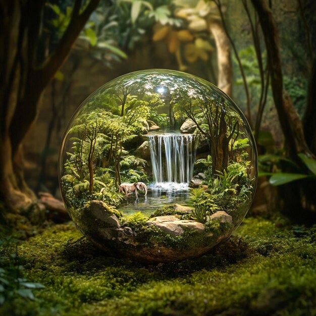 Majestic Rainforest Falls in a Glass Sphere