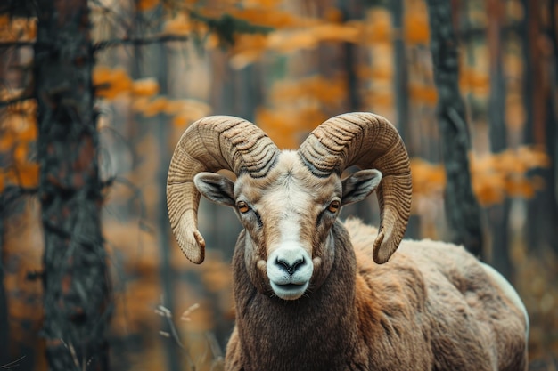 Photo majestic ram with large horns in a forest