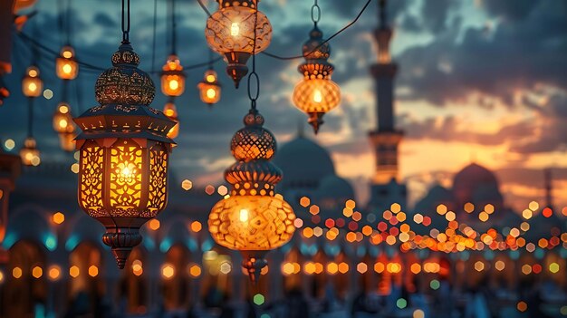 majestic ramadan lanterns illuminate the night sky accompanied by an orange lantern and a hanging lantern