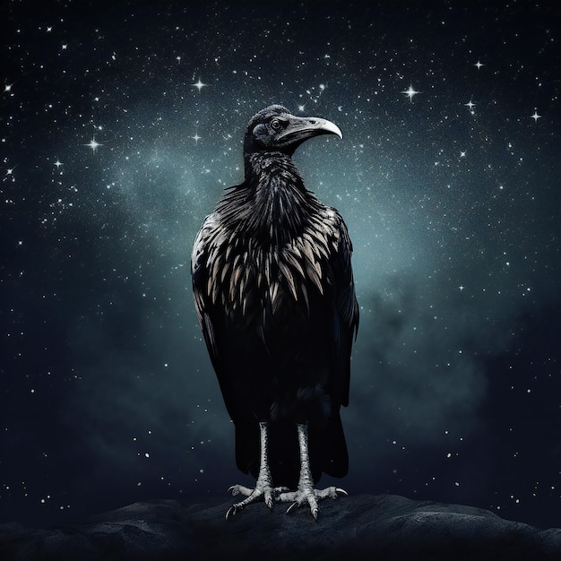 Majestic Raven Perched Under Starry Night Sky Mysterious Atmosphere