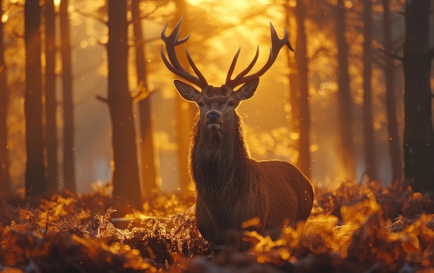 Majestic Red Deer Buck Stands in Golden Forest Sunlight