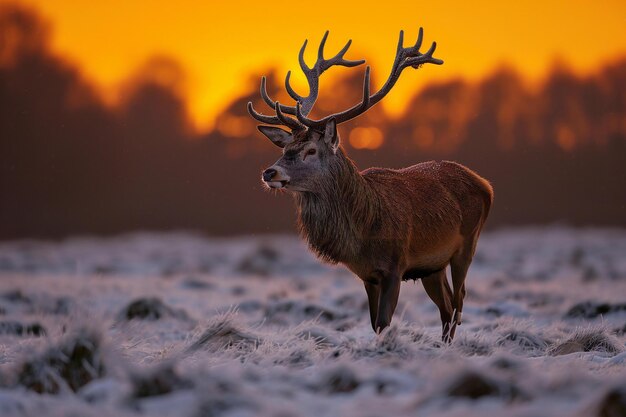 A majestic red deer with impressive antlers stands in the foreground bathed in golden sunlight of s