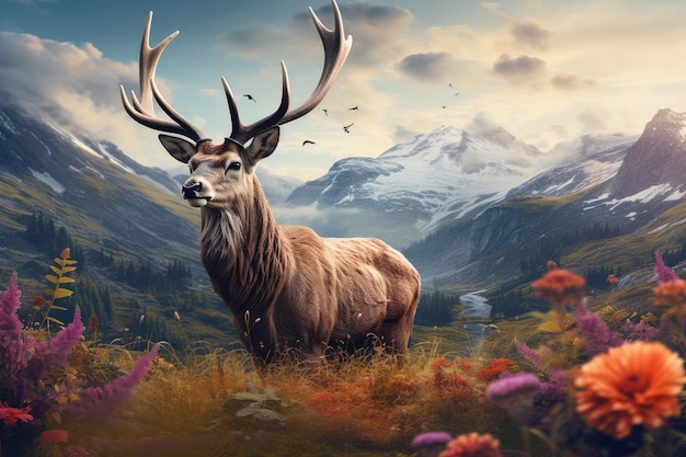 Majestic red deer with large antlers on the background of mountains