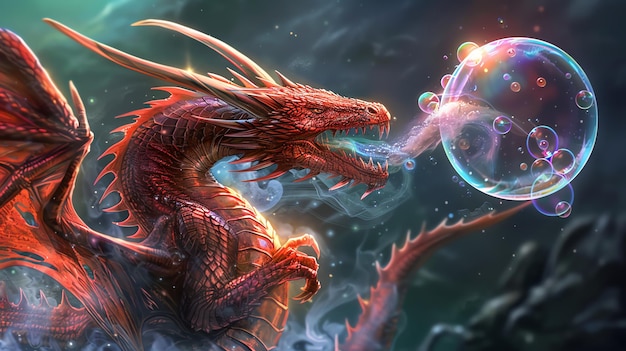 A majestic red dragon breathes out a large iridescent bubble with smaller bubbles swirling around it