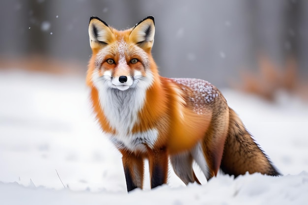 A majestic red fox stands in the snow its fur glistening in the sunlight