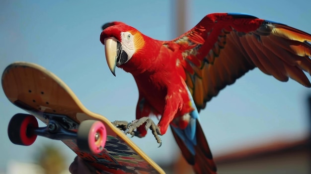 Majestic Red Macaw Parrot Performing a Skateboard Trick MidAir Perfect for Creative Projects