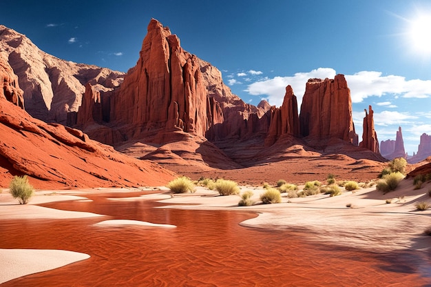 Majestic red rock formations under blue skies summertime Scenic view of towering red rock formations