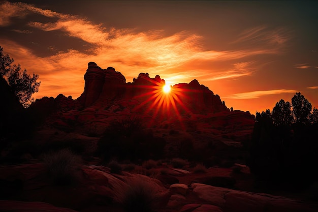 Majestic red rock formations silhouetted against the sunrise sky created with generative ai