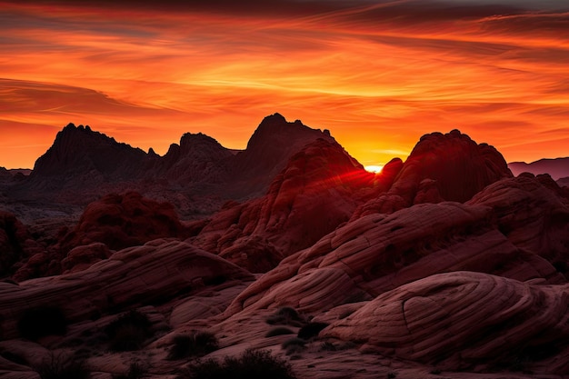 Majestic red rock formations silhouetted against the sunrise sky