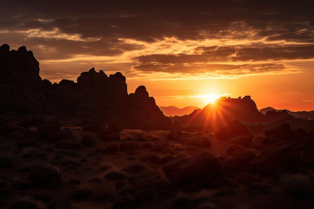 Majestic red rock formations silhouetted against the sunrise sky